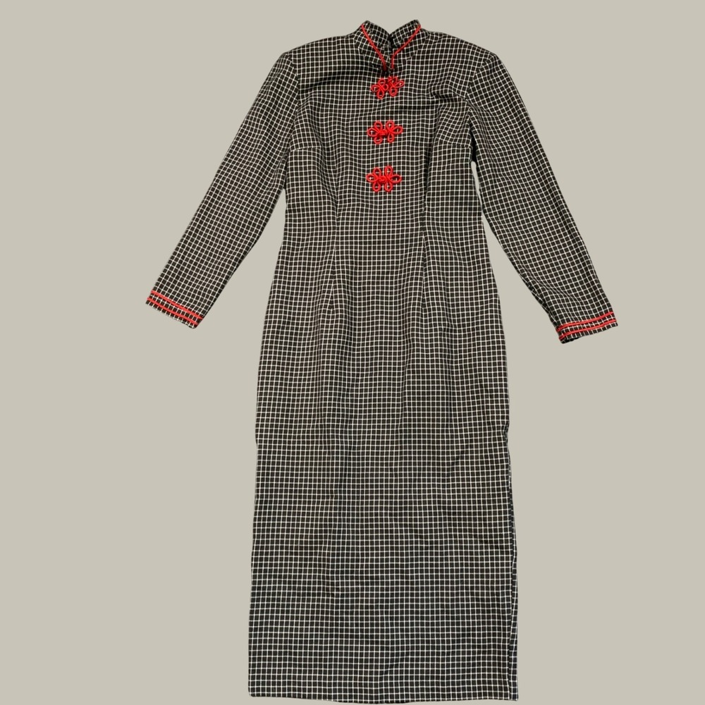 Leslie Lucks Maxi Dress Womens 8 Black White Grid Mandarin Collar Frog Closure